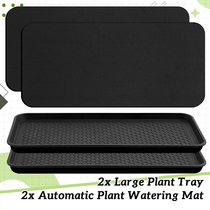 Vesici 2 Set/4 Pcs Large Square Plant Saucer 30 Inch Self-Watering Trays 3mm Capillary Mat-Automatic Watering System for Indoor/Outdoor Plants, Robust Plastic Seedling Trays for Potted Plant, Garden