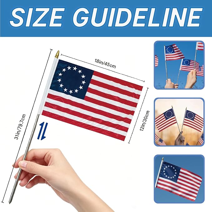 Betsy Ross Flags on Stick 6-Pack, 12x18 Inch 13 Star American Handheld Flag with Stainless Steel Telescopic Pole, Small USA Flags for 250th Anniversary July 4th Parade Patriotic Decorations