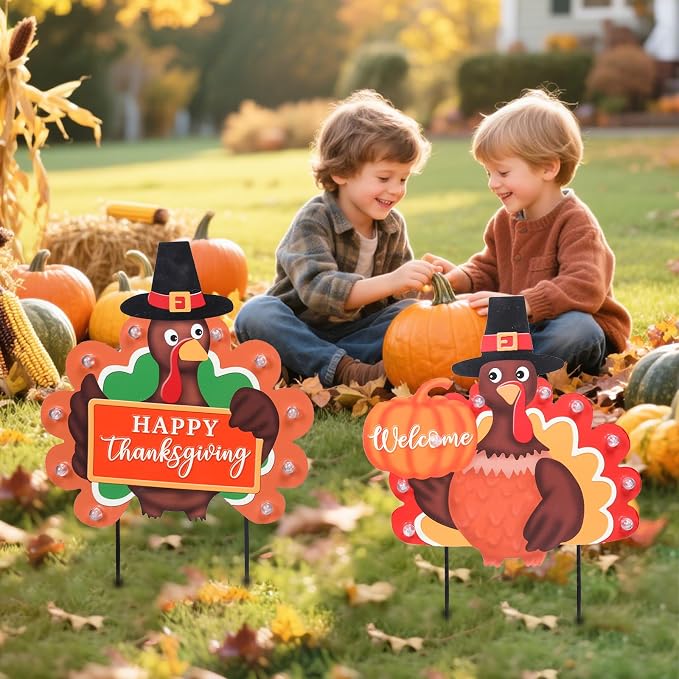 Fall Yard Decor Outdoor Autumn Harvest Garden Stakes with LED Light Autumn Two Turkeys Yard Sign with Stakes Fall Thanksgiving Decoration for Home Outside Lawn Garden Holiday Decor