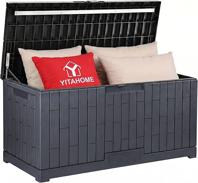 YITAHOME 120 Gallon Outdoor Storage Deck Box | Large Resin Patio Storage Box with Slide-Locking Lid, 53"L 2-Person Bench Seat for Outdoor Pillows, Garden Tools &