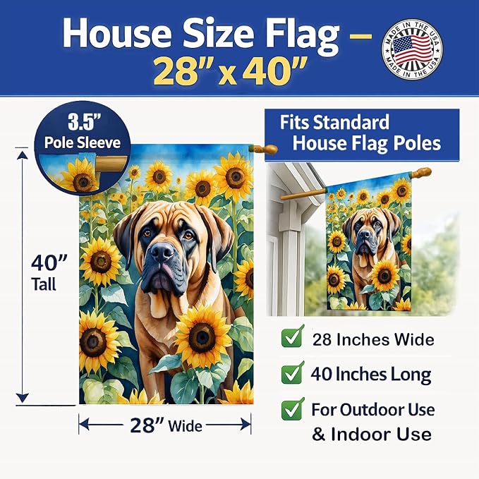 Caroline's Treasures DAC6120CHF Mastiff in Sunflowers House Flag Large Porch Sleeve Pole Decorative Outside Yard Banner Artwork Wall Hanging, Polyester, House Size, Multicolor