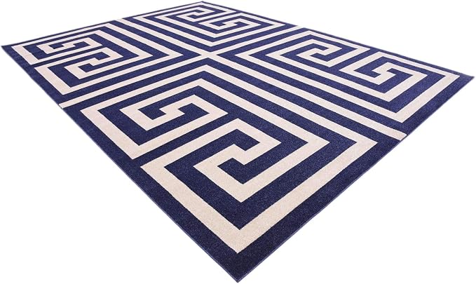 Unique Loom Athens Collection Classic Geometric Modern Border Design Area Rug (10' 0 x 13' 0 Rectangular, Navy Blue/ Beige)