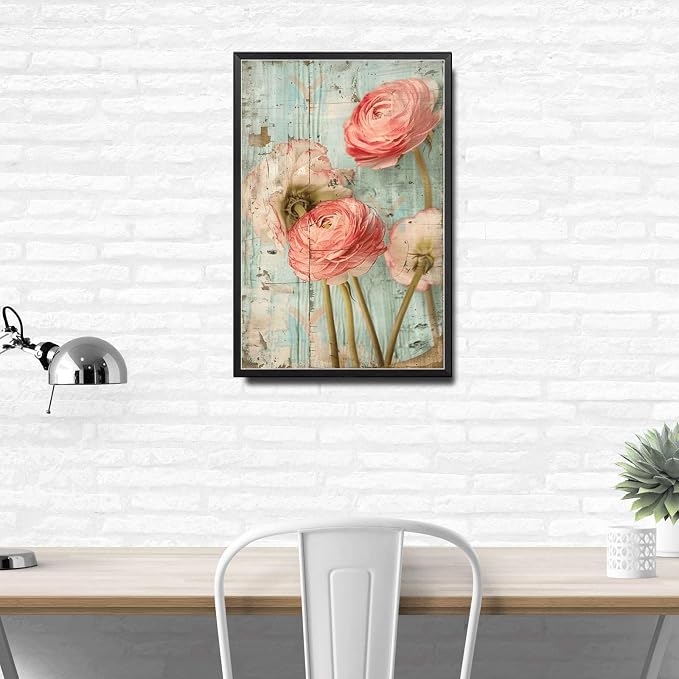 Metal Sign Tin Sign Vintage Wall Art Shabby Chic Ranunculus Tin Sign for Antique Floral Artistry Rustic Wall Art and Distressed Wood P Greenhouse Decor for Pub 8×12 Inches with Metal Frame