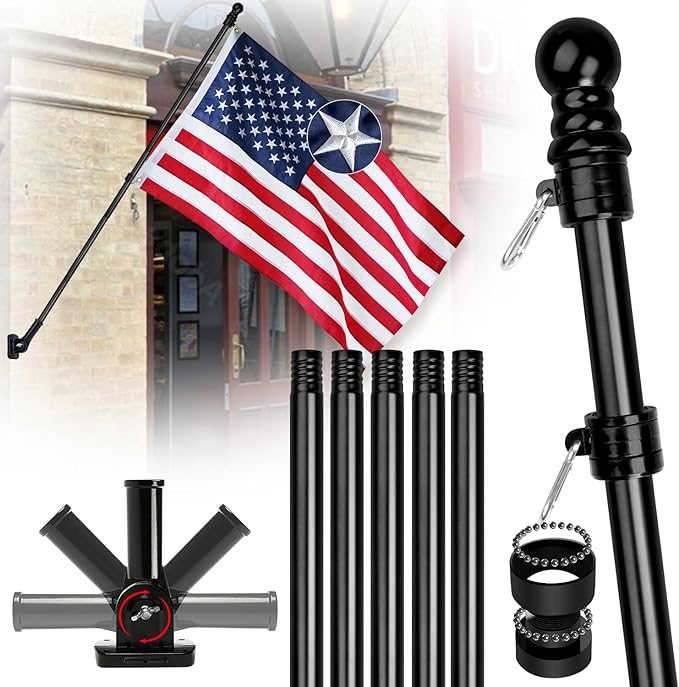 XIFAN American Flag with Pole Kit for Outside - 6FT Black Stainless Steel Flag Pole, 3x5FT Embroidered Flag, 180° Adjustable Bracket for House Porch, Residential Commercial Outdoor Use, Tangle Free