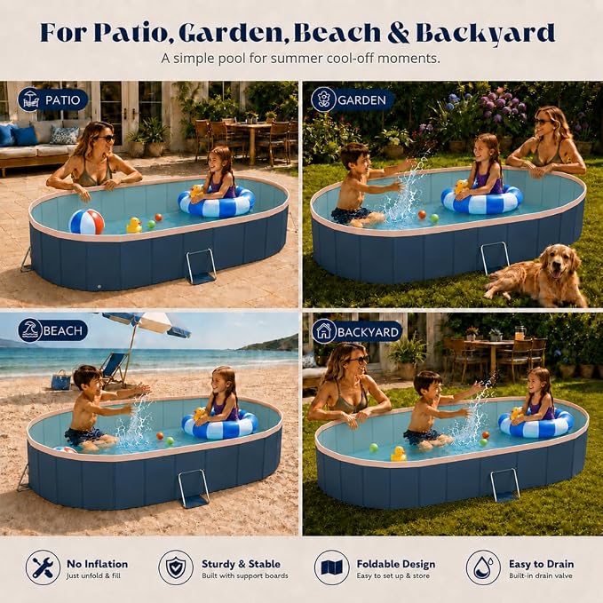 6 ft Foldable Non-Inflatable Swimming Pool, 72.04 x 54.33 x 17.71 in, Blue PVC Backyard Pool with Aluminum Alloy Triangle Supports for 1 Adult and 1 Child