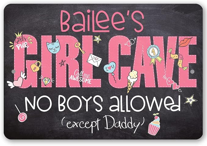 Personalized - Girl Cave - Great Girl Room Decor, Dorm Room Essentials, Preppy Pink Room Decoration, Teen's Room She Shed Sign Gift, Chalkboard Style 8x12 Indoor or Outdoor Durable Metal Sign