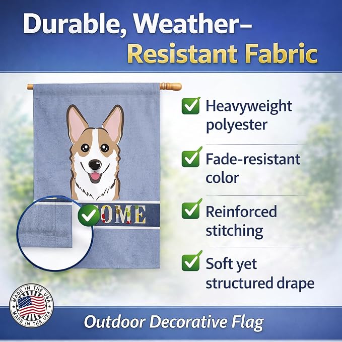 Caroline's Treasures BB1439CHF Sable Corgi Welcome House Flag, Blue Large Porch Sleeve Pole Decorative Outside Yard Banner Artwork Wall Hanging, Polyester, House Size, Multicolor