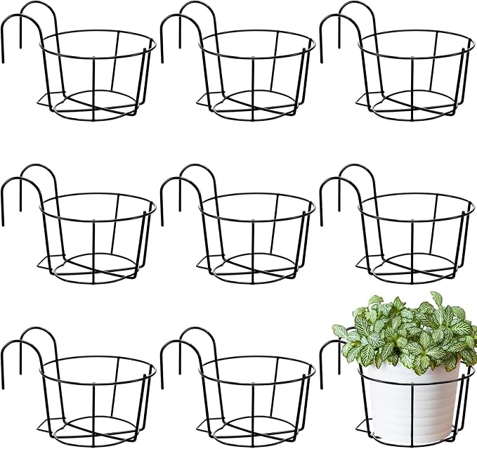 Wesiti 10 Pcs Round Hanging Railing Planters Outdoor Balcony Planters Metal Hanging Baskets Flower Pot Holder for Fence Indoor Porch Shelf Container(8 Inch,Black)
