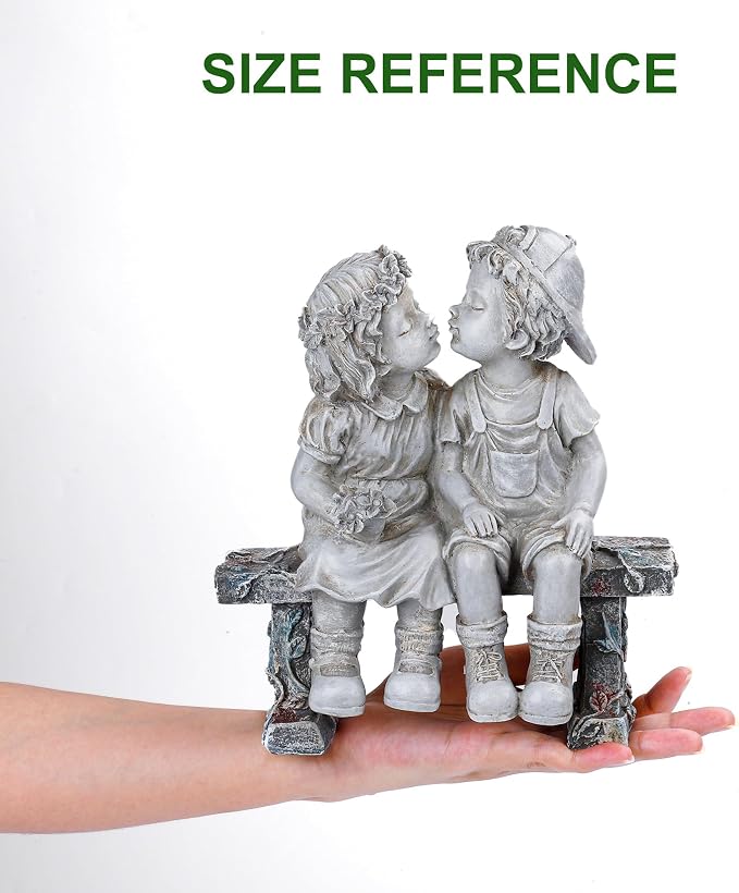 Lily's Home 8.25-Inch First Kiss Statue - Resin Garden Decor for Outside - Outdoor and Garden Decorations - Little Girl and Boy Kissing Yard Miniature Figurine - Small and Exquisite