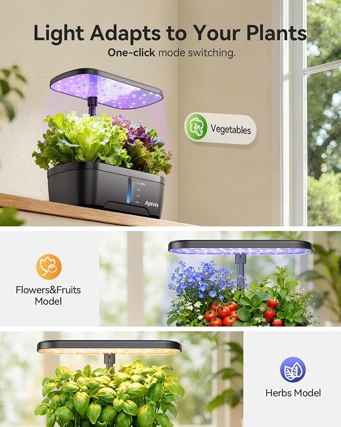 Hydroponics Growing System, 6 Pods Smart Indoor Herb Garden - Black | LED Grow Light, Auto Timer, Height Adjustable, Quiet Pump, Gardening Gifts for Mom Women