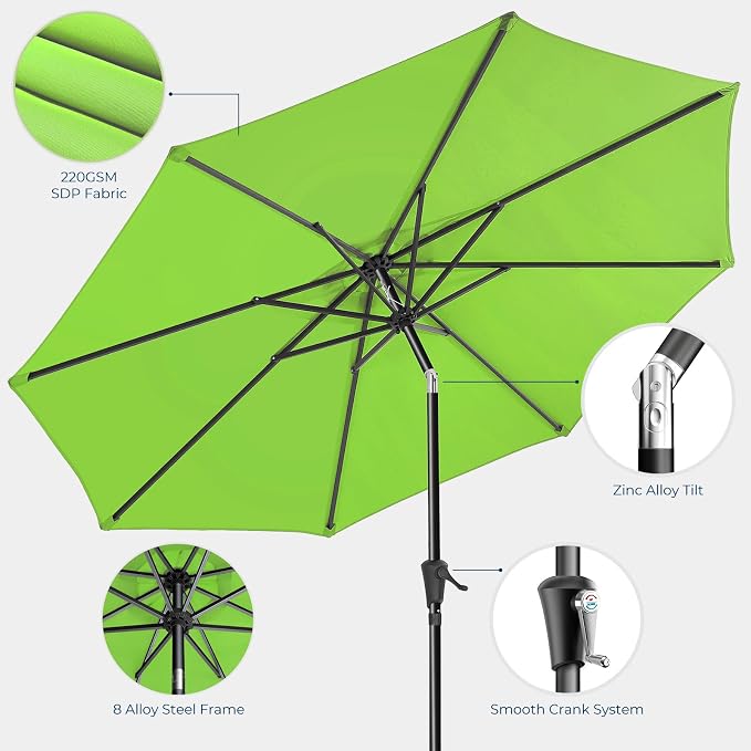 HOMSHADE 9ft Outdoor Patio Umbrella - Market Table Pool Deck Umbrella UPF50+ UV Protection with Push Button Tilt, Crank and 8 Sturdy Ribs (Green, No base)