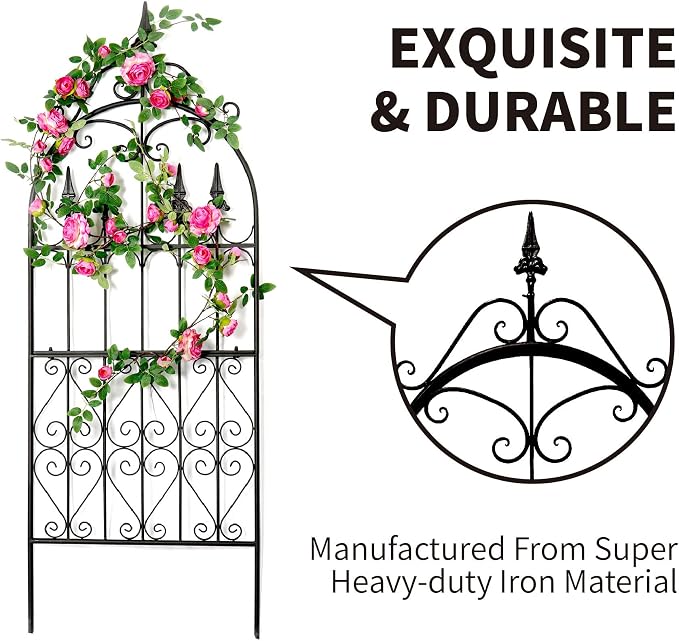 Trellis for Climbing Plants, 60" H x 21.7" W Heavy Duty Metal Trellis, 5FT Rustproof Black Iron Vine Support Trellis with Ground Stakes, Decorative Cupid Arrow Design for Roses, Vines