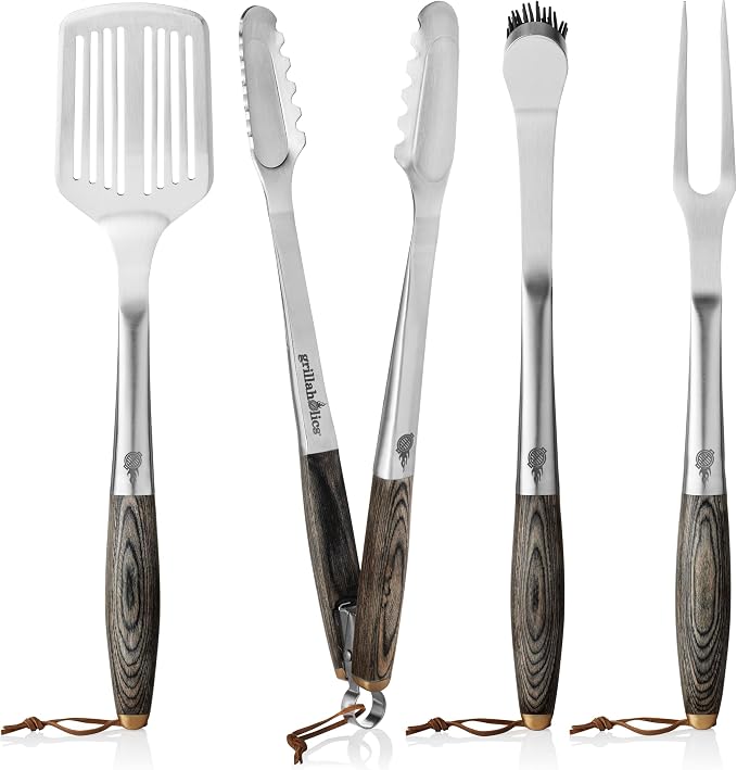 Grillaholics Premium BBQ Grill Tools – The Ultimate Grilling Gift for Dad - Luxury 4-Piece Barbecue Utensils Grill Set with Wooden Gift Box | Father's Day Gift | Includes Spatula, Tongs, Meat Fork, & Silicone Baster