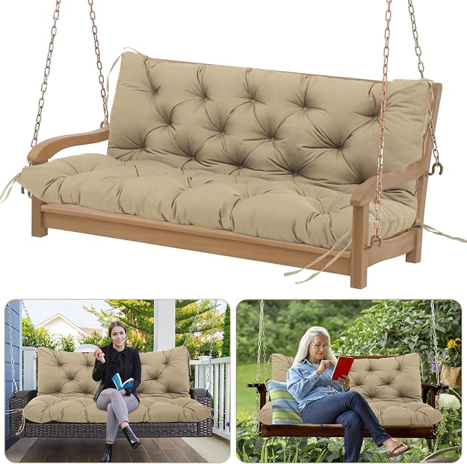 Outdoor Porch Swing Cushions Waterproof Thicken 5" Replacement Porch Swing Cushion with Backrest for Outdoor Furniture (Khaki 48 × 40 ")