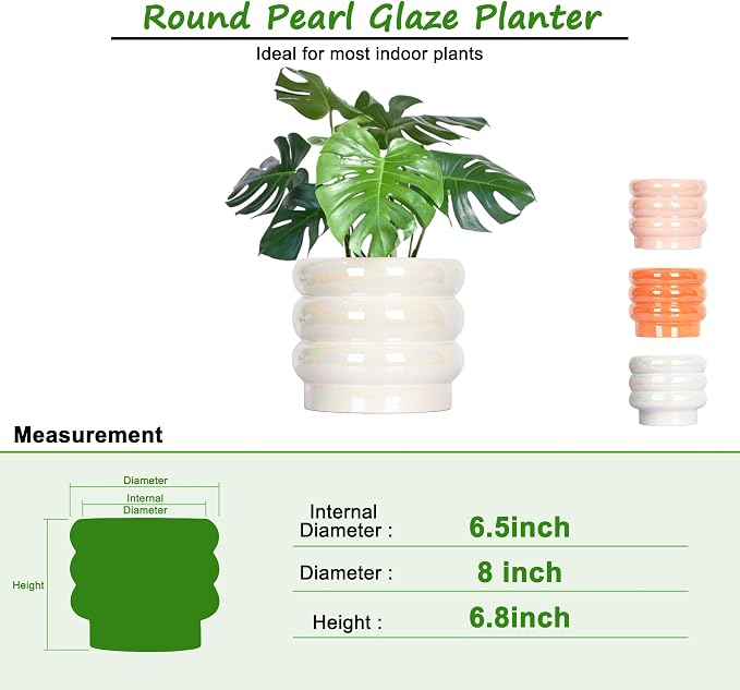 8 Inch Ceramic Plant Pots for Indoor Plants, White Flower Pot, Rainbow Pearl Glaze Planter with Planters for Plants with Drainage Hole