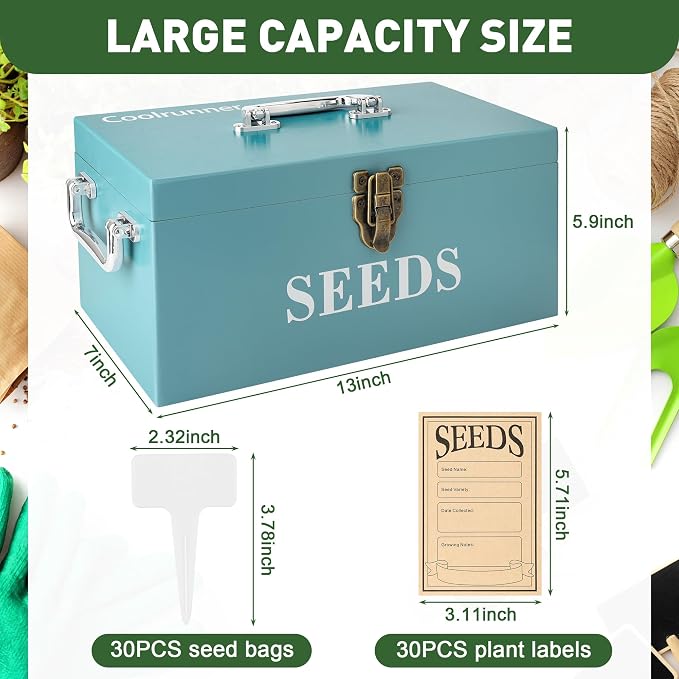 Coolrunner Wood Seed Saving Box, Seed Storage Organizer Case | Seed Packet Storage Organizer with Lock and 3 Handles, 30P Plant Labels, 30P Seeding Envelopes Bag (Blue)