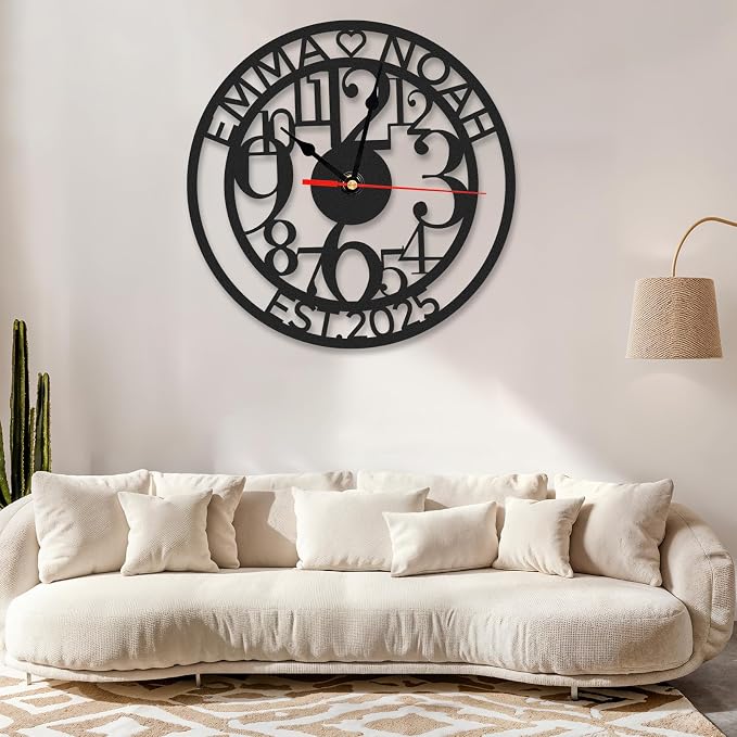 Personalized Outdoor Wall Clock Waterproof, Custom Couple's Name Metal Modern Wall Clock, Non Ticking, Battery Operated, Wedding, Ideal for Living Room, Kitchen, Office, Home Decor