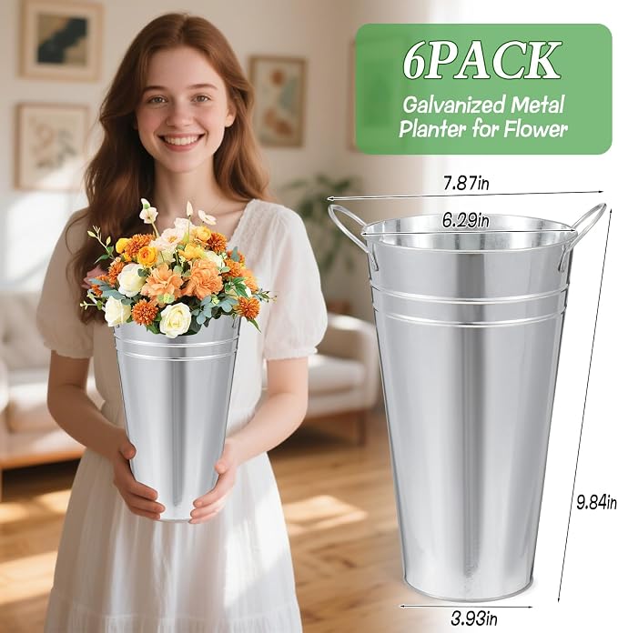 Flower Bucket for Flower Bar, 6 Pcs 10.2 Inch Metal Vases with Handles, Leak-Proof Galvanized French Buckets for Wedding Centerpieces, Farmhouse Party & Rustic Home Decor