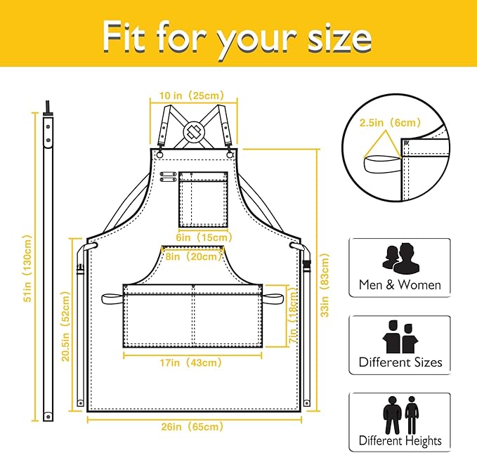 Kitchen Apron, Work Apron, Canvas Apron, Yellow | Multiple Pockets, Gardening, Painting, BBQ, Artist, Carpenter, Sizes M to XXL