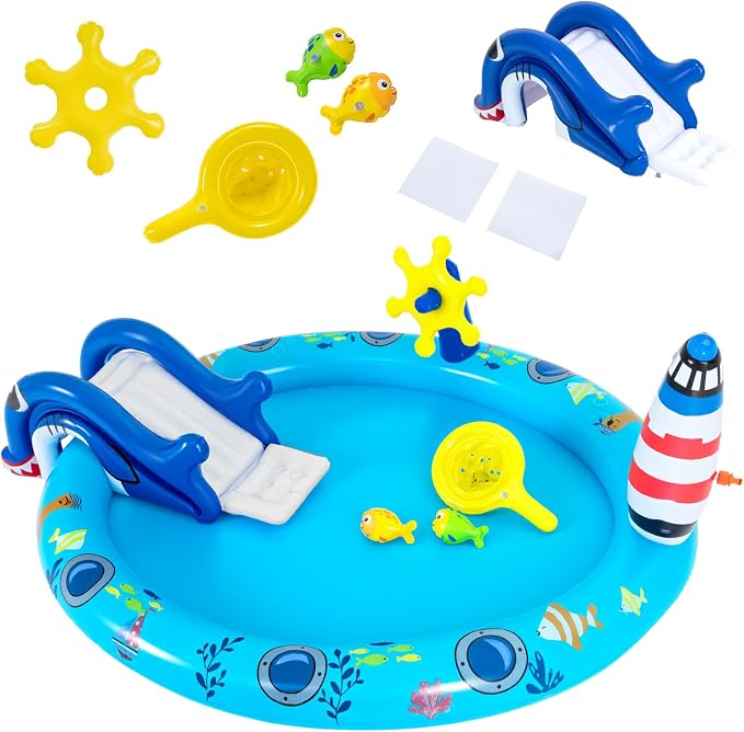 GLACER Kiddie Pool with Slide, 74”x 60.5”x 23” Thicken Water Play Center | Inflatable Swimming Pool with Sprinkler & Fishing Toys, Elevated Rails, PVC Outdoor Blow-Up Splash Pad for Backyard, Garden