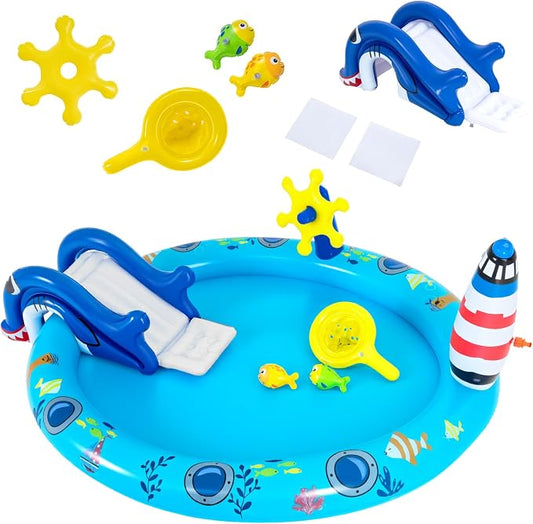 GLACER Kiddie Pool with Slide, 74”x 60.5”x 23” Thicken Water Play Center | Inflatable Swimming Pool with Sprinkler & Fishing Toys, Elevated Rails, PVC Outdoor Blow-Up Splash Pad for Backyard, Garden