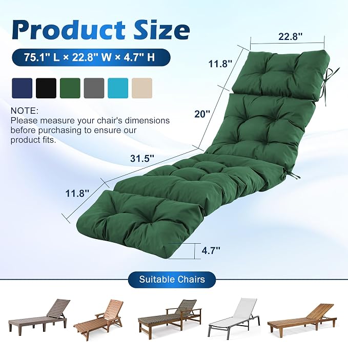 2 Pcs Chaise Lounge Cushions Outdoor,Waterproof & Fade Resistant Patio Lounge Chair Cushions for Outdoor Furniture, Chaise Cushion with Ties for Pool, Lawn and Beach, 75.1x22.8x4.7 Inch, Forest Green