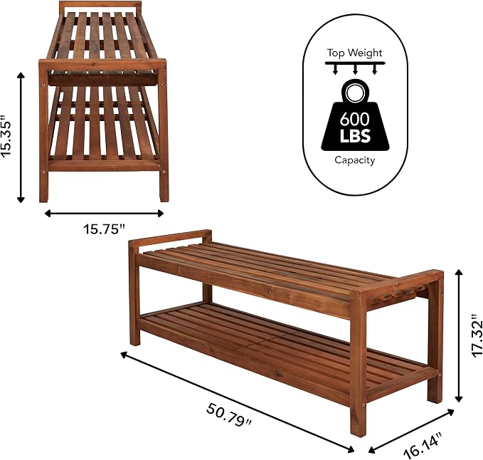 JONATHAN Y Blane 51" Solid Acacia Wood Backless Outdoor Bench with Shoe Storage Shelf, Minimalist Slatted Entryway and Patio Seating, Heavy-Duty 600 lbs Capacity, Teak Finish BNH102A