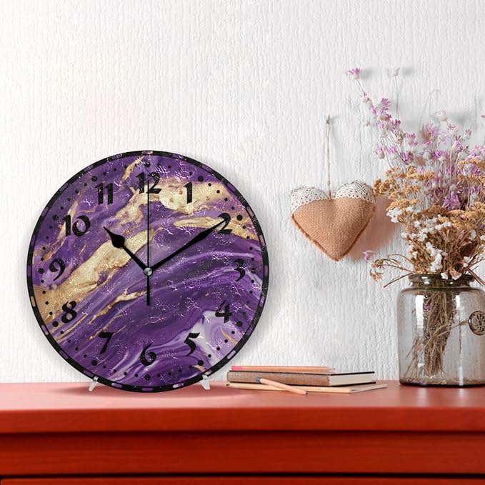 Purple Gold Swirl Wall Clock, Silent Non Ticking 10 Inch Battery Operated Wall Clocks, Easy to Read Clock for Home Kitchen Living Room Bathroom Office Decor