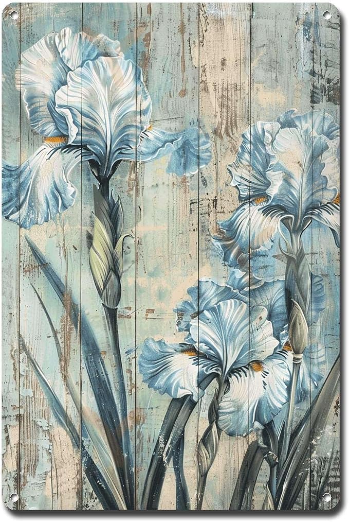Metal Sign Tin Sign Vintage Wall Art Rustic Celebration Irises Tin Sign for Easy Installation Weather Resistant Design and Vintage AES Bathroom Signs Decor for Home Decor 8×12 Inches