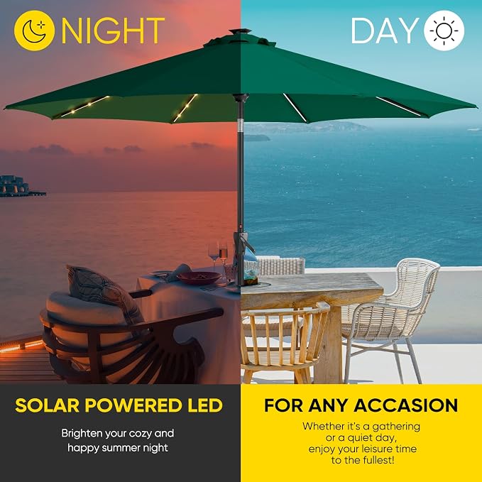 Tempera Solar Patio Umbrella 40 LED Lighted Outdoor Umbrella Table Market Umbrella with Push Button Tilt and Crank, Solar Umbrella with Sturdy Pole&Fade Resistant Canopy, Easy to Set