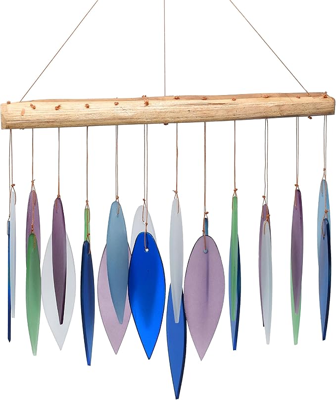 Blue Handworks Mountain Ridge Glass Leaves Wind Chime | Sandblasted Glass and Found Wood Handcrafted Wind Chime
