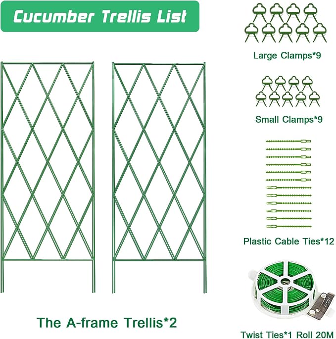 DoCred Cucumber Trellis, 39.4" H 2 Pack Metal Foldable Thickened A Frame Garden Trellis for Raised Bed Climbing Plants, Vegetables, Including Plant Support Clips, Twist Ties, Plastic Ties, Green