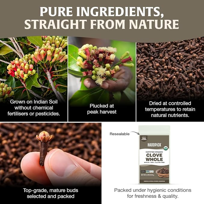 HANDPICK Organic Cloves Whole (2.3oz, 65g) Premium Cloves from South India | Packed in a Resealable Zip Lock Pouch | Perfect for Cooking, Smoothies, Pomander Balls & Tea (Packaging may vary)
