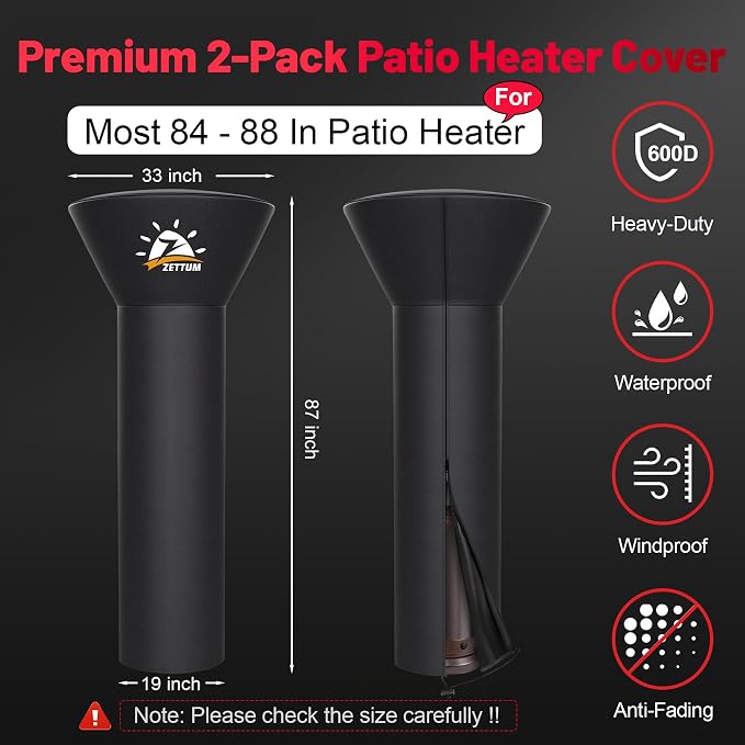 Zettum Patio Heater Covers 2 Pack - 600D Outdoor Heater Cover with Zipper Waterproof Heavy Duty, Propane Heat Cover for East Oak, Hampton Bay, Fire Sense and More (87" Height x 33" Dome x 19" Base)