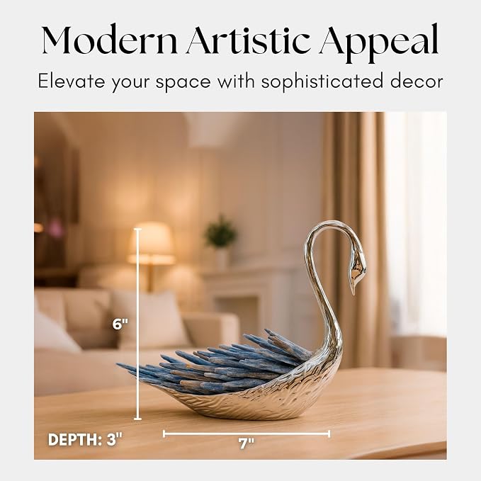 Metal Decorative Swan Sculpture with Crystal Feather – Accent for Table Top & Shelf, Coffee Table Decor for Living Room – Indoor Home Decor, Modern Stylish Tabletop Accessories Accent Piece – 6", Blue