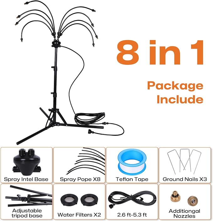 Upgraded Standing Misters for Outside Patio, Adjustable 5.3 FT Stand Misting System with 8 Heavy Duty Brass Nozzles, UV-Proof Water Mister for Outdoor Cooling, Poolside & Backyard