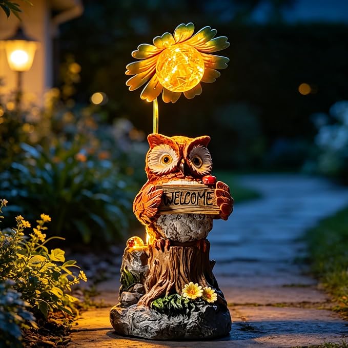 COWOS Solar Powered Owl Garden Statue with Glowing Flower Light, Hand-Painted Resin Figurine for Outdoor Patio, Yard, Lawn Decor, Gift for Nature Lovers