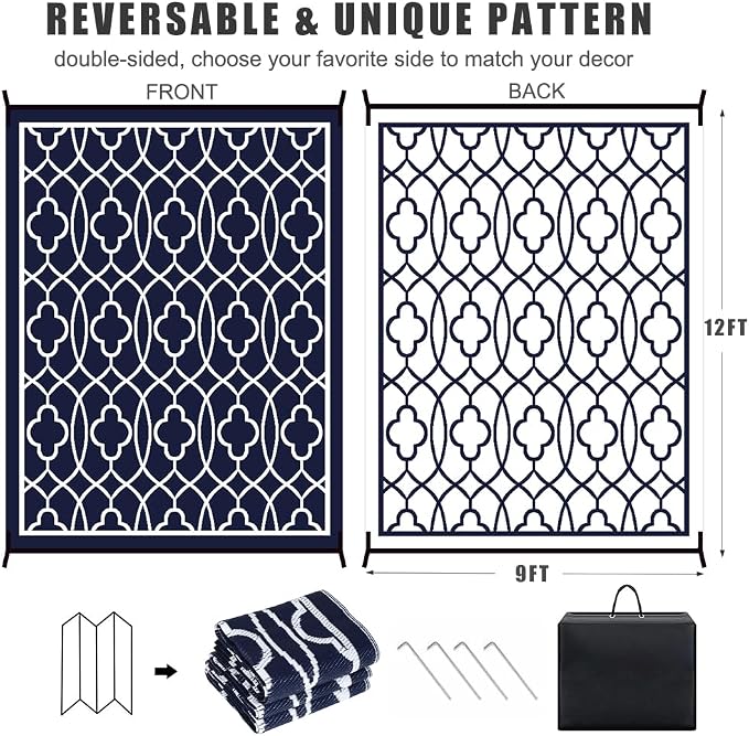 Pendolr Outdoor Rugs 9x12 for Patios Clearance - Waterproof Reversible Indoor Outdoor Rugs Carpet, Portable Plastic Straw Rug for RV Camping, Picnic, Beach, Porch, Deck(01#,Navy&White)