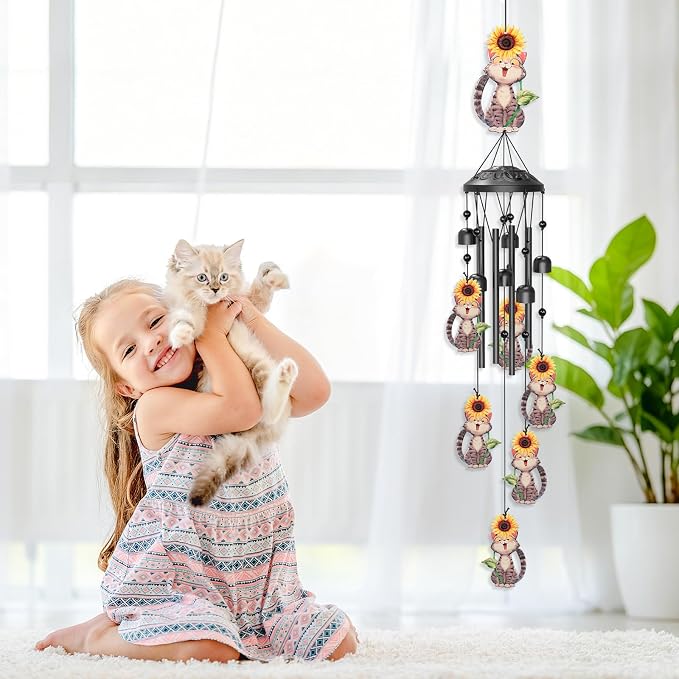Metal Wind Chimes for Outside, Soothing Sound Rustproof Aluminum Tubes Wind Chime Décor, Windchimes Chime Decor for Yard Home Garden Lovers Women Mother’s Da (Cat)