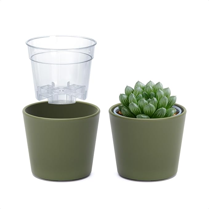 Phoenix Vine 3.5 Inch Olive Plastic Cachepot with Clear Nursery Pot, Decorative Lightweight Planter Cover with Transparent Inner Pot for Indoor Houseplants, Pack of 2, 24-A-F-2