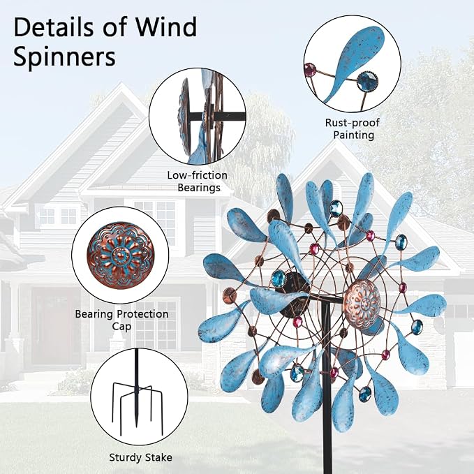 Stargarden Wind Spinners Outdoor, Large Kinetic Wind Spinner | Waterproof Blue Pinwheels with 4 Sturdy Stake, Metal Windmill for Yard, Porch Decor (21*90 Inches)