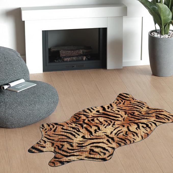 MACEVIA Tiger Printed Skin Area Rugs Western Decor for Living Room Bedroom Faux Animal Area Carpet Non-Slip Flannel Floor Mats 43.3" L x 29.5" W(3.6ft x 2.4ft)