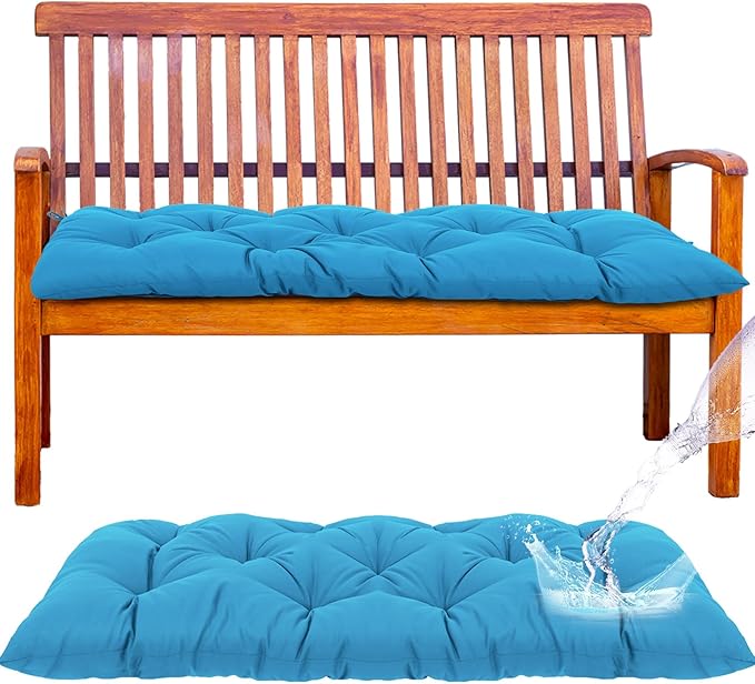 Wenqik Outdoor Bench Cushion 48 x 20 x 3 Inch Waterproof Patio Swing Cushion with Removable Zippered Cover Adjustable Ties Seat Pad for Porch Bench Garden Loveseat(Cyan, Classic)
