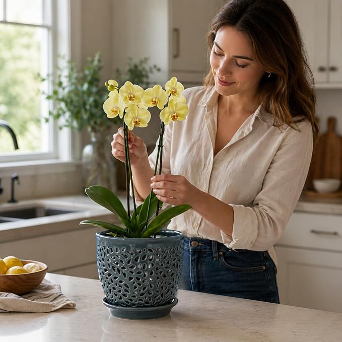 Elegant Orchid Pot with Holes, Large 6.5 inch Premium Porcelain Ceramic Orchid Pot for Repotting, Durable Ceramic Planter with Removable Saucer for Easy Drain, Planter Gifts for Moms