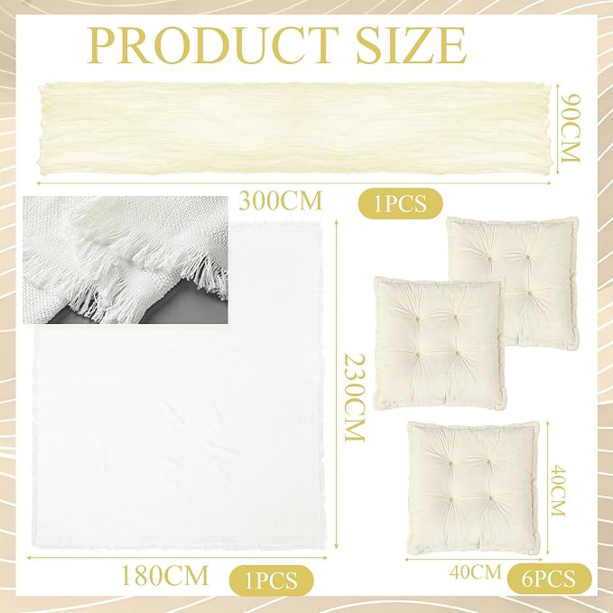 Extra Large Outdoor Picnic Blanket with Table Runner and Floor Pillow Cushion for Picnic Wedding Birthday Baby Shower Backyard Decor(91 x 71'',Light Beige,8 Pcs)