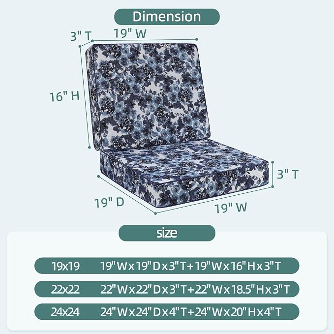 Favoyard Deep Seat Patio Cushion 19 x 19 x 3 in Waterproof Seat & Back Cushion Set with Color Fade Resisitant Pattern, Portable Handle, Attach Straps, Zipper on Removable Cover for Outdoor Furniture