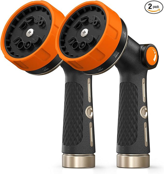 RAINPOINT Garden Hose Nozzle Heavy Duty - 100% Metal Thumb Control Spray Nozzles for Garden Hose High Pressure, 10 Patterns Water Hose Nozzle for Car Wash, Watering Lawn and Pets, Orange2, 2 Pack