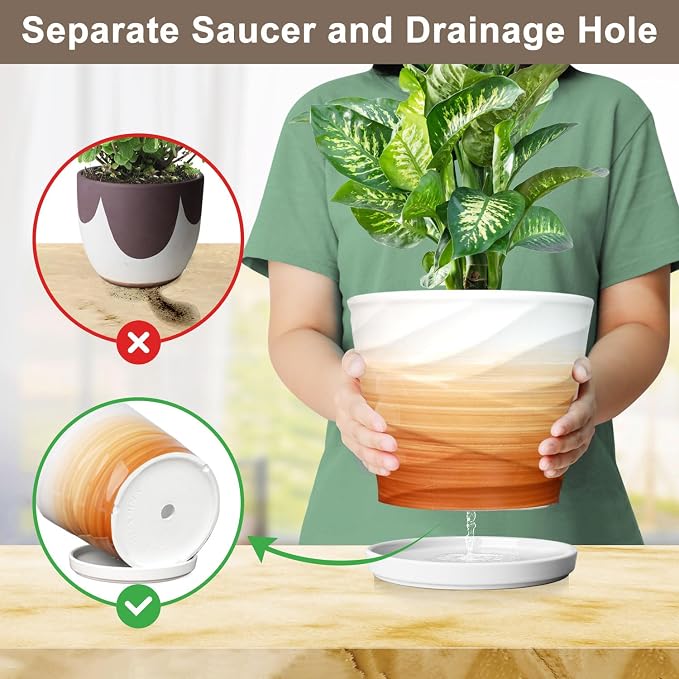 8 Inch Plant Pot, Ceramic Planter with Drainage and Saucer,Ceramic Planters for Indoor Plants, 8 Inch Garden pots(Khaki + White)