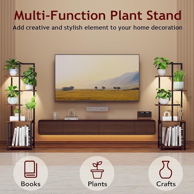 Plant Stand Indoor with Grow Light, 5-Tiered Tall Plant Stand Indoor, Metal Plant Shelf with Bookshelf Bookcase and Adjustable Light, Ideal for Living Room, Reading room, Garden, Patio (Brown)