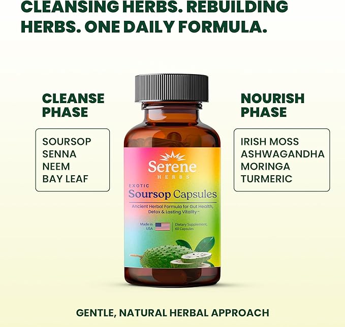 Serene Herbs Graviola Soursop Capsules Organic - Guanabana Extract Pills with Black Seed, Irish Moss & Moringa - 16 Herb Daily Supplements & Digestive Support - Vegan, Non-GMO (Pack of 1)